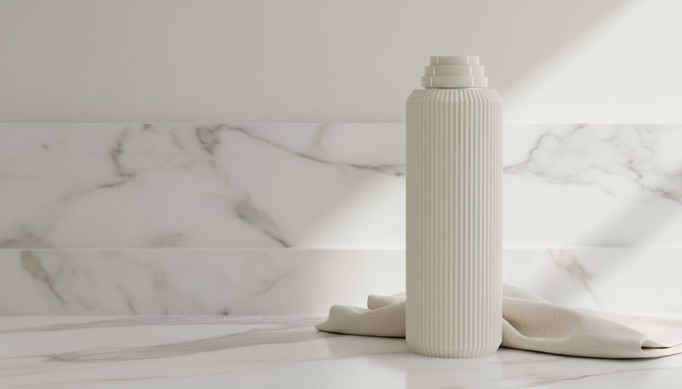 Swap bottle in fluted Crema ceramic on a marble counter in morning light
