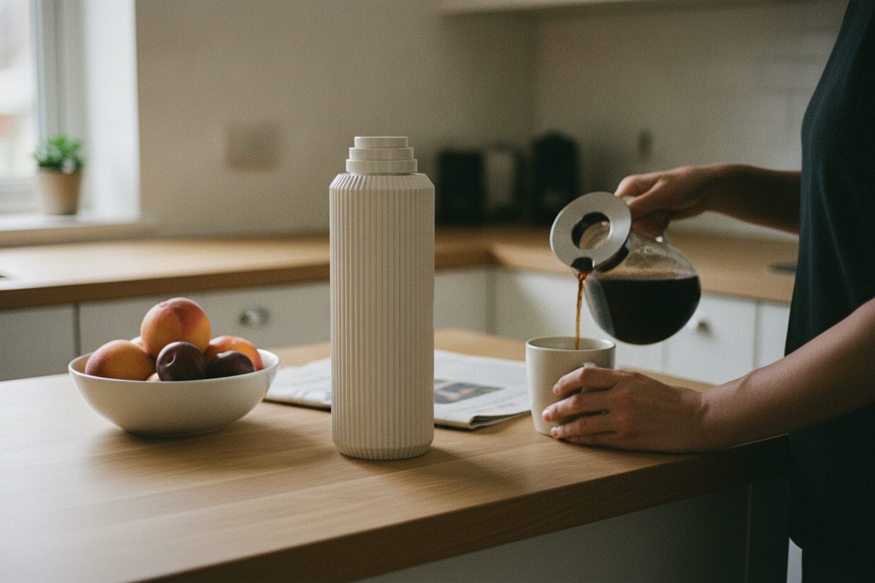 Crema bottle on a kitchen island at breakfast