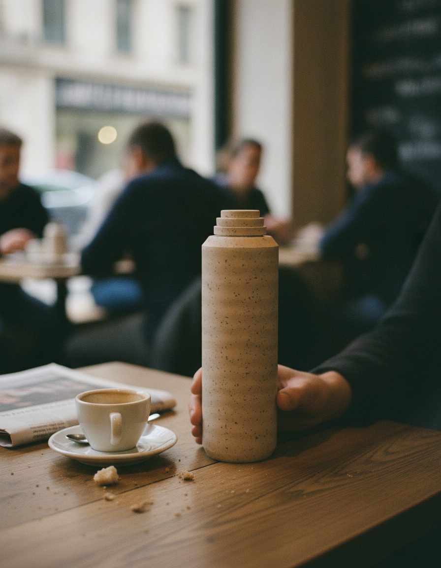 Travertine bottle on a café table